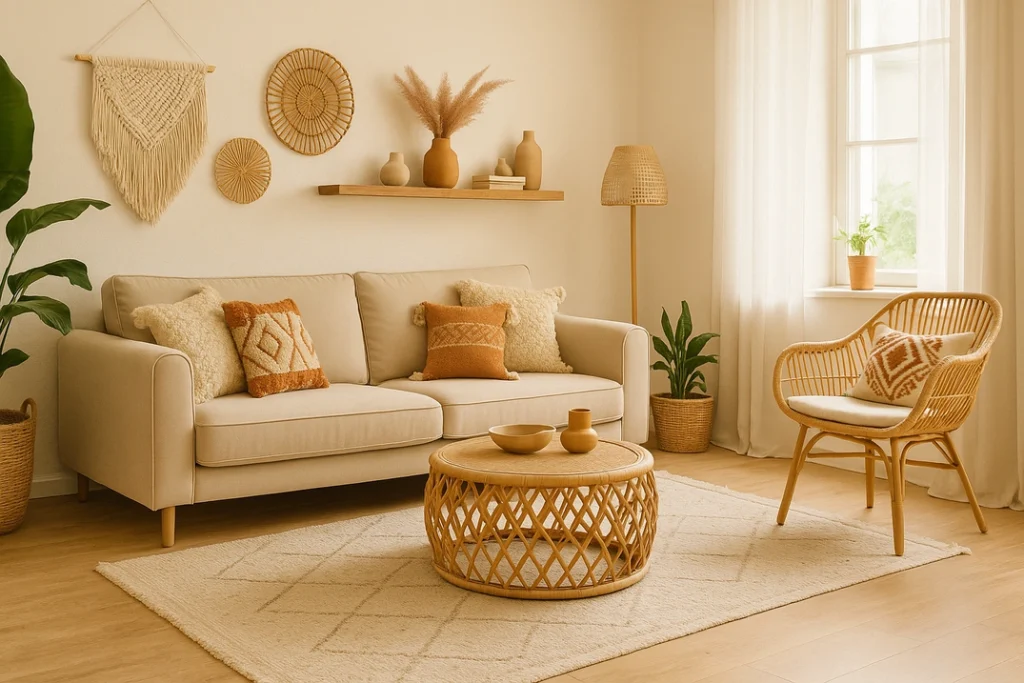 Jasny salon w stylu boho