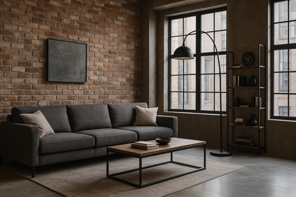 Ciemny salon w stylu industrialnym